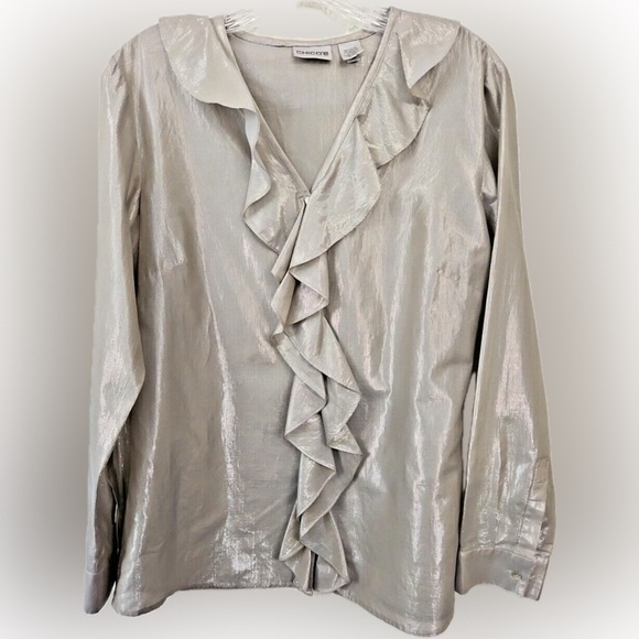 Metallic Ruffle Liquid Knit Button Blouse Gray Gold L/S Shiny Glam Party Top L - Picture 1 of 9
